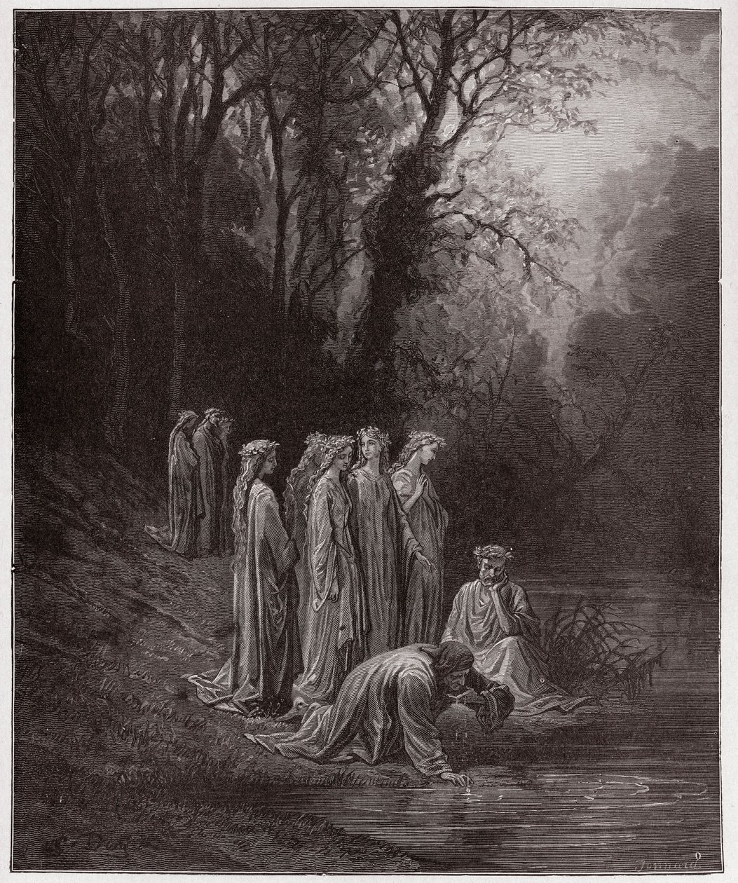 Jumalallinen komedia (La Divina Commedia, La Divine Comedie), Purgatorio, Canto 33: Dante-juomat Eunoe-joesta - Dante Alighieri (1265-1321) - Kuvitus Gustave Dore (1832-1883) tekijältä Gustave Dore