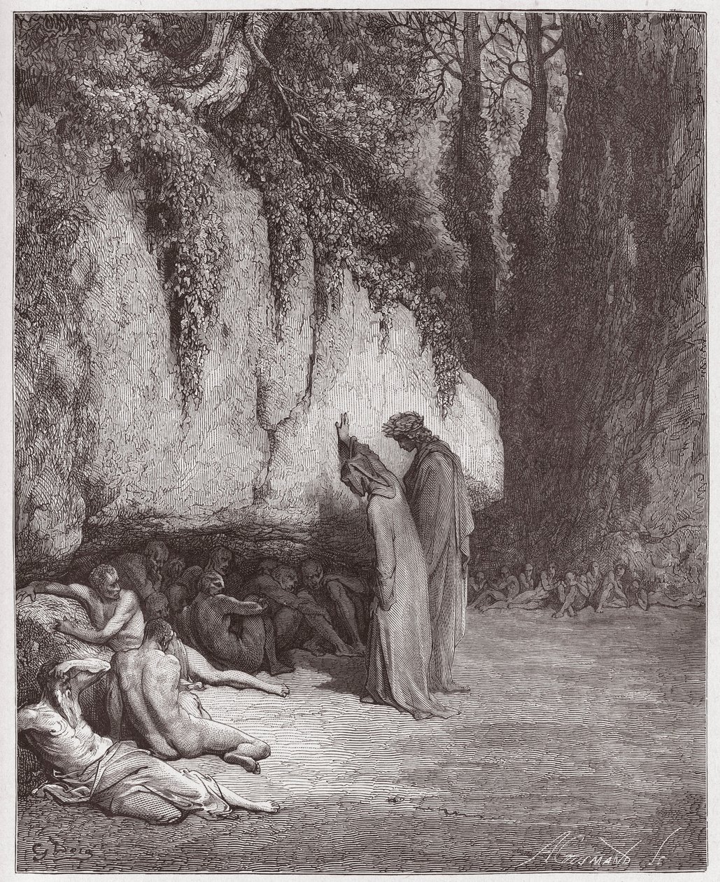 Jumalallinen komedia (La Divina Commedia, La Divine Comedie), Purgatorio, Canto 4: Laiskoja sieluja kallion vieressä - Dante Alighieri (1265-1321) - Kuvitus Gustave Dore (1832-1883) tekijältä Gustave Dore