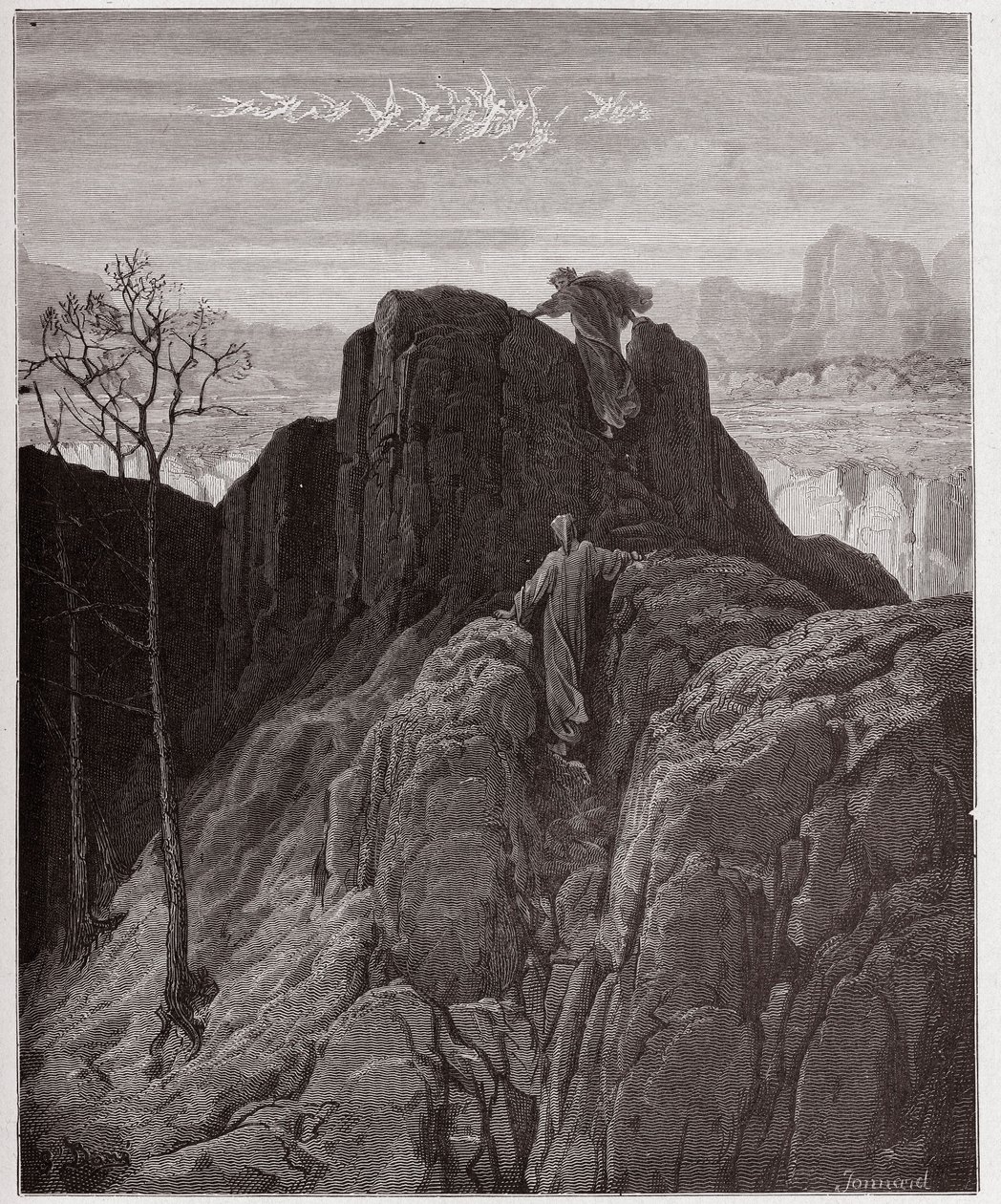 Jumalallinen komedia (La Divina Commedia, La Divine Comedie), Purgatorio, Canto 4: Vergilius johdattaa Danten ylös karua vuorenrinnettä - kirjoittanut Dante Alighieri (1265-1321) - kuvitus Gustave Dore (1832-1883) tekijältä Gustave Dore