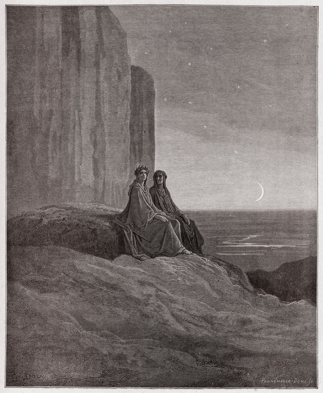 Jumalallinen komedia (La Divina Commedia, La Divine Comedie), Purgatorio, Canto 9: Twilight - Dante Alighieri (1265-1321) - Kuvitus Gustave Dore (1832-1883) tekijältä Gustave Dore