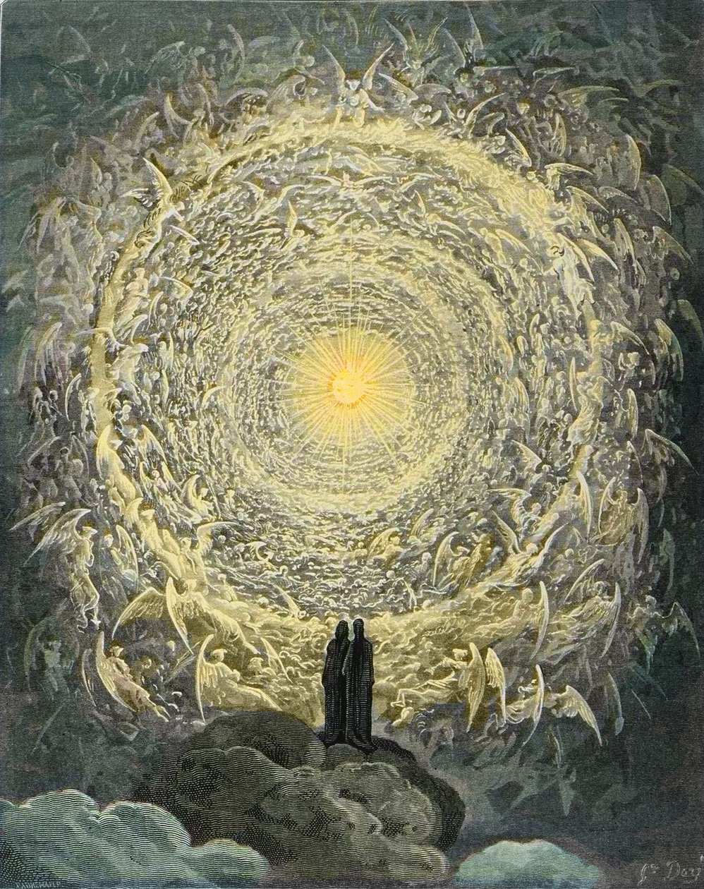 The Divine Comedy, Paradiso, Canto 31: Pyhien väkijoukko muodostaa ruusun empyreanissa (rose celeste) - kirjoittanut Dante Alighieri (1265-1321) tekijältä Gustave Dore