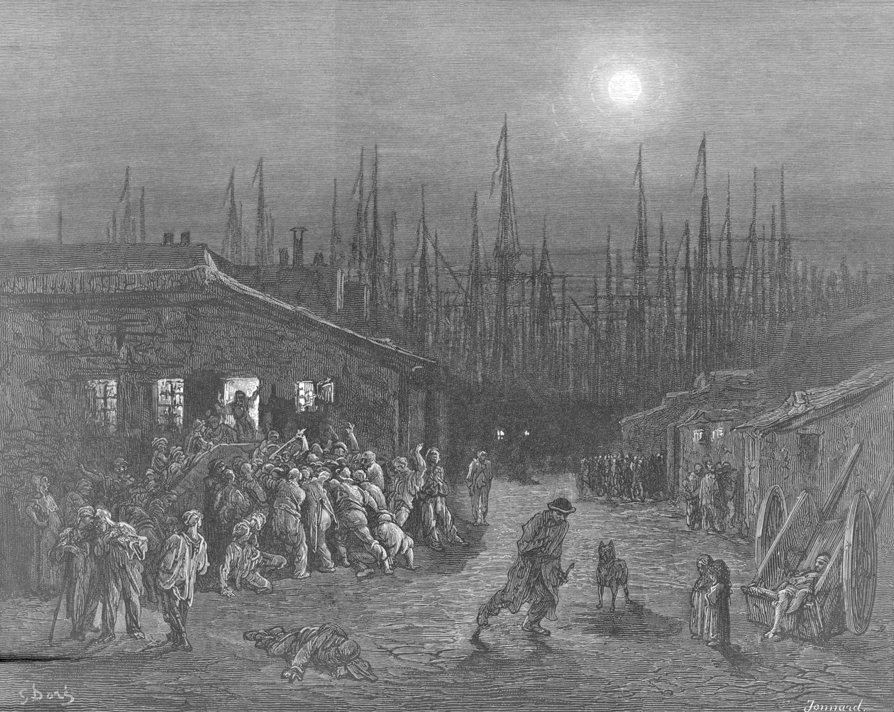 "The Docks - Night Scene", Lontoo, 1872 tekijältä Gustave Dore
