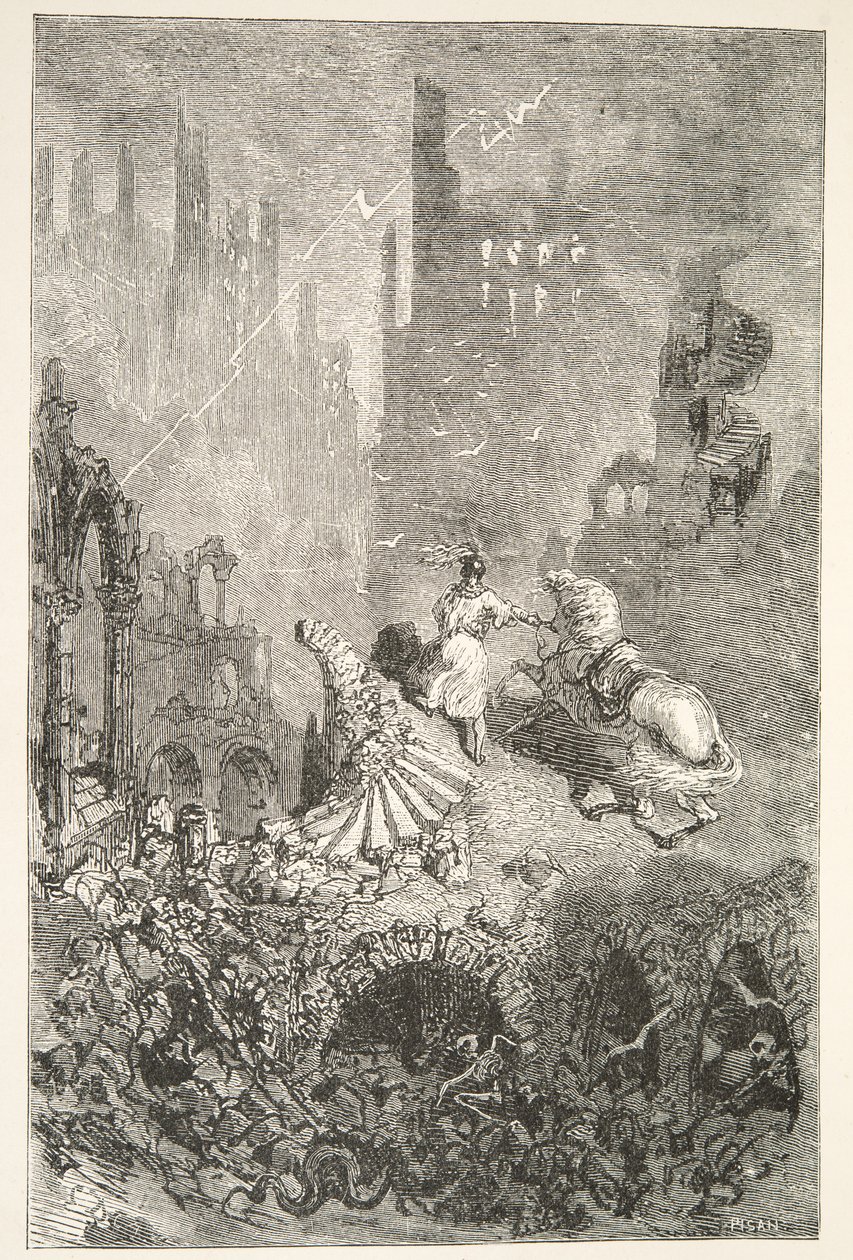 Kuningas Pellamsin linnan kaatuminen, Charles Henry Hansonin kirjoittamista Tarinoita kuningas Arthurin päivistä, julkaisu 1898. tekijältä Gustave Dore