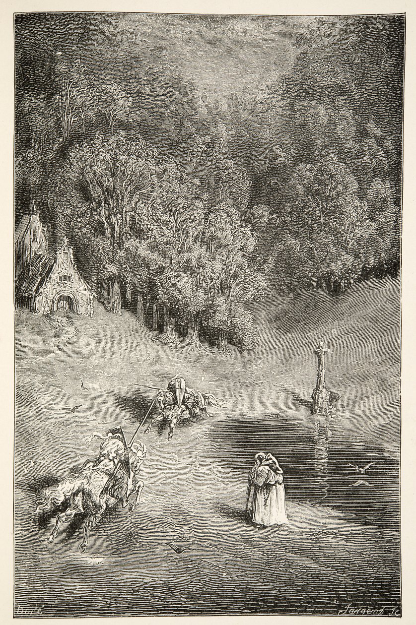 Arthurin ja Pellinoren kohtaaminen, Charles Henry Hansonin teoksesta Tarinoita kuningas Arthurin päivistä, julkaistu 1898. tekijältä Gustave Dore