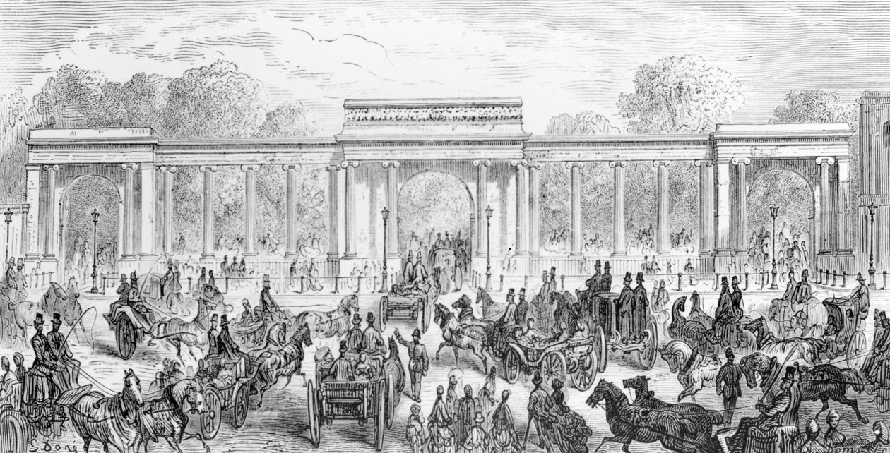 Sisäänkäynti Hyde Parkiin, "Lontoo, pyhiinvaellus", kirjoittanut William Blanchard Jerrolds, kaivertanut A. Doms, 1872 tekijältä Gustave Dore