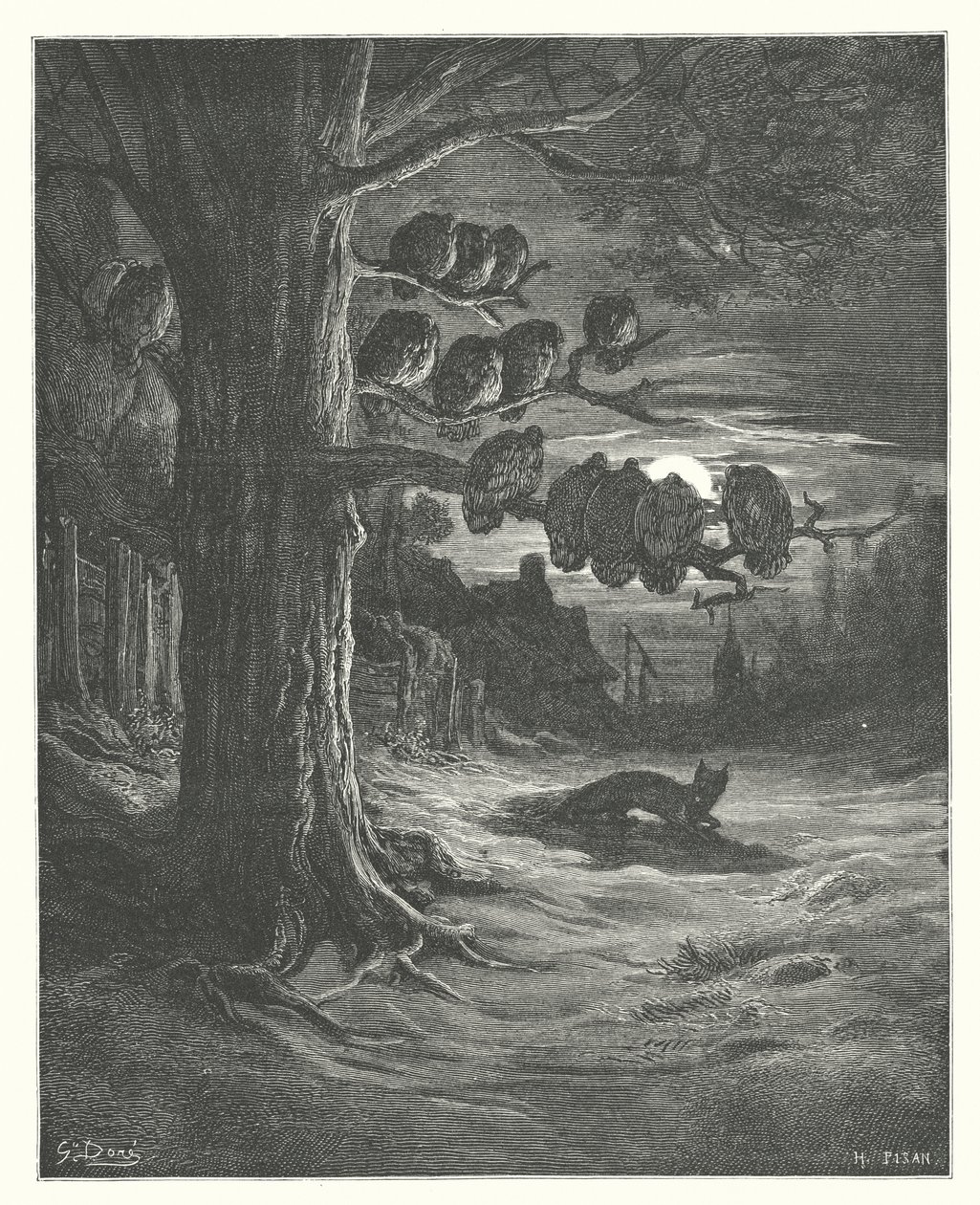 La Fontainen sadut: Fontaine: Kettu ja kalkkunat (kaiverrus). tekijältä Gustave Dore