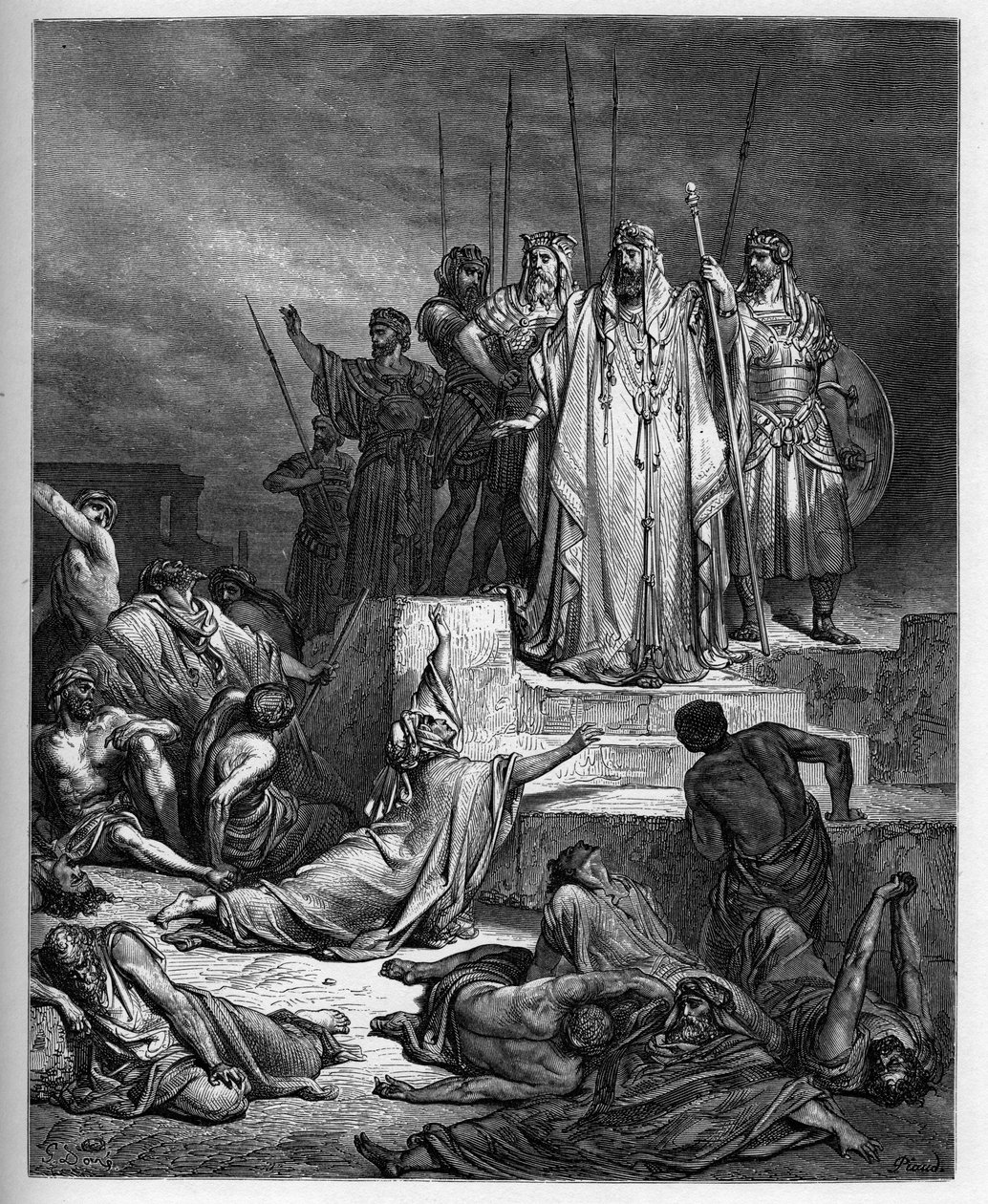 Nälänhätä Samariassa - Vanha testamentti: Samarian piiritys. Syyrian kuningas piiritti Samarian kaupungin ja aiheutti sen hirvittäväksi nälänhädän - - kaiverrus Gustave Doren (1832-1883) "The Bible illustree" -kaiverrukseen "" Dore Biblesta"" tekijältä Gustave Dore