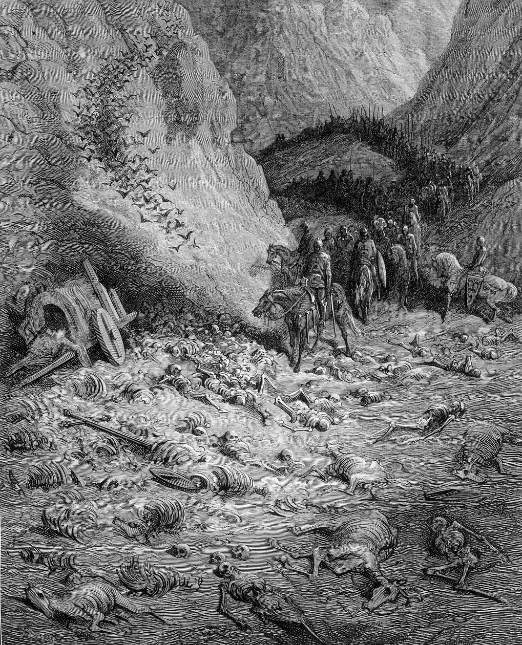 Eteenpäin: Ristiretkeläisten armeija tapaa edellisen ristiretkeläisaallon kuolleita – Gustave Dorén kaiverrus tekijältä Gustave Dore