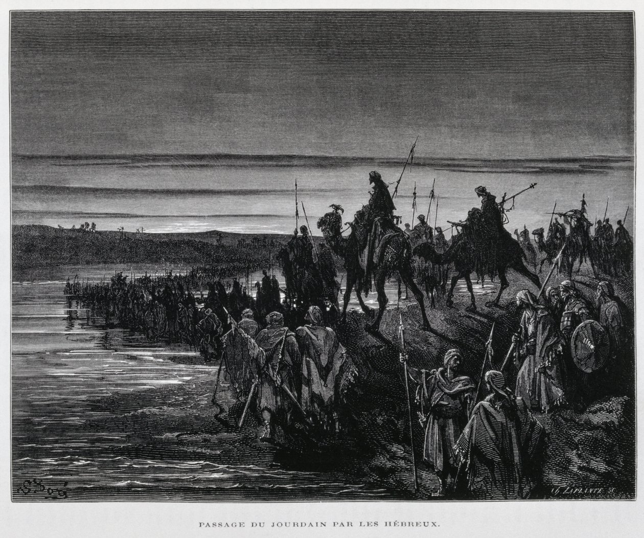 Heprealaisten heimot saapuvat Kanaaniin Jordanin yli, kuvitus Dore Bible -teoksesta. tekijältä Gustave Dore