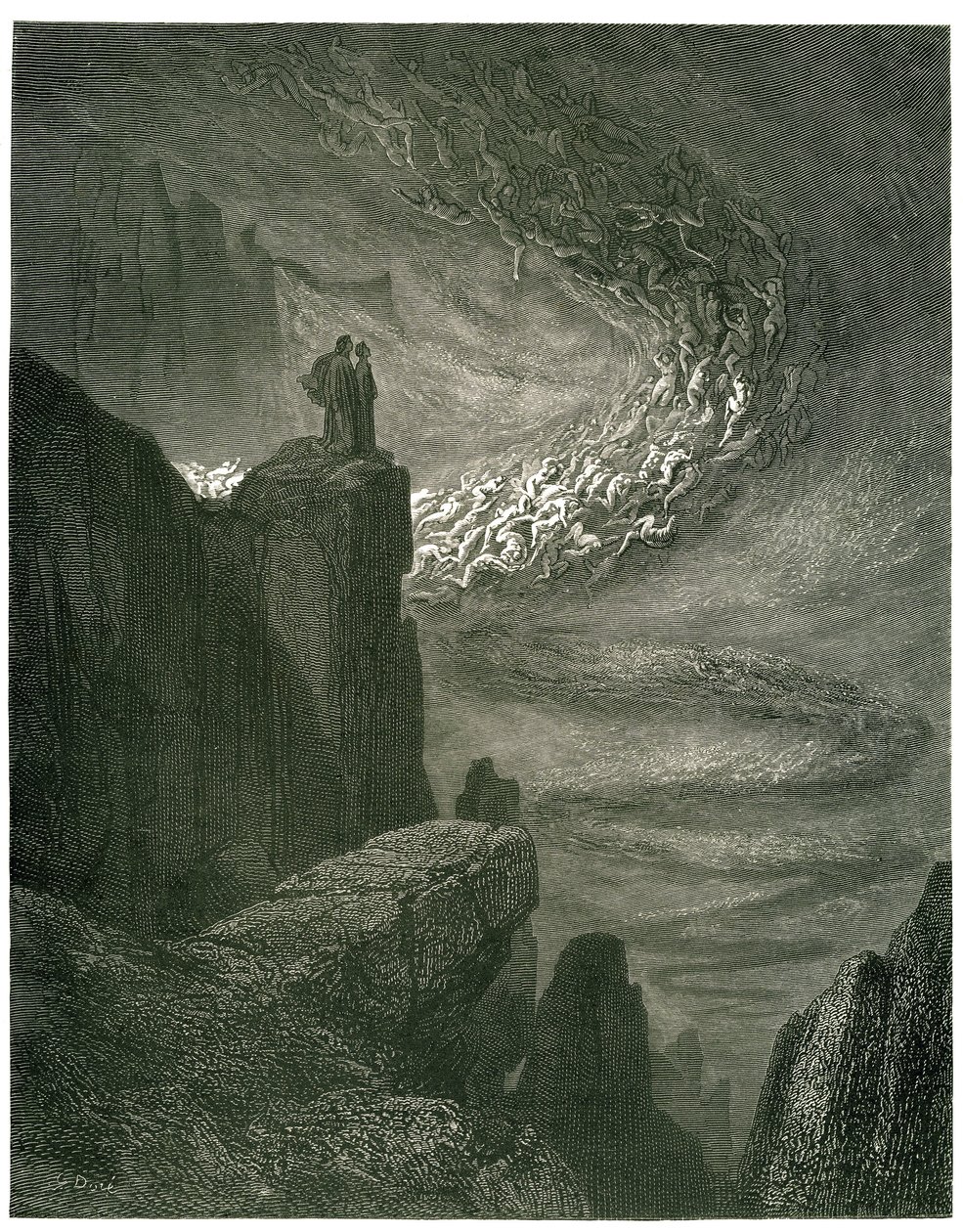 Dante Alighierin helvetti (jumalallinen näytelmä), kuvittanut Gustave Dore. Ranskankielinen painos vuodelta 1861. "Helvetin myrsky, joka ei koskaan jää/jättää henget ryöstönsä kanssa. (Helvetin hurrikaani, joka ei koskaan pysähdy, vetää henkiä pyörteeseens tekijältä Gustave Dore