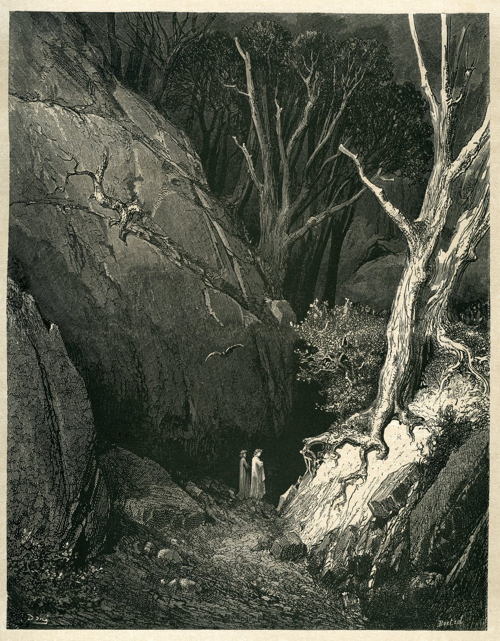 Gustave Doren kuvittama Dante Alighierin helvetti (Divine Comedie). Ranskalainen painos vuodelta 1861. "Allor si mosse, ed io gli tenni dietro. (Sitten hän lähti liikkeelle, ja minä seurasin häntä)", laulu 1 v.136. tekijältä Gustave Dore