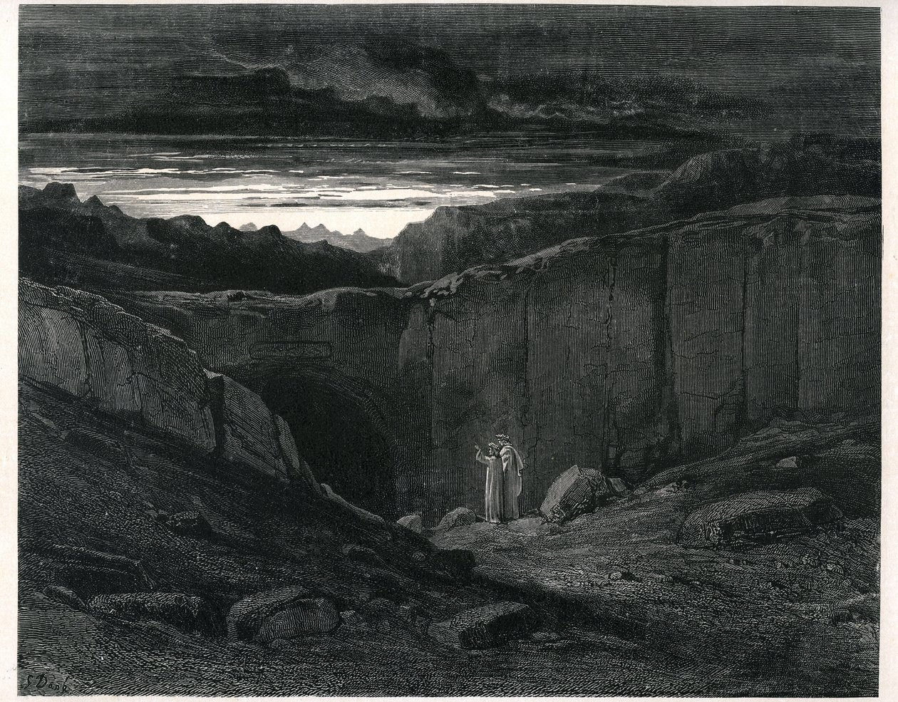 Dante Alighierin helvetti (Divine Comedie) Gustave Doren kuvittamana. Ranskalainen painos vuodelta 1861. Dante ja Vergilius Helvetin sisäänkäynnillä:" Lasciate ogni speranza, voi che 