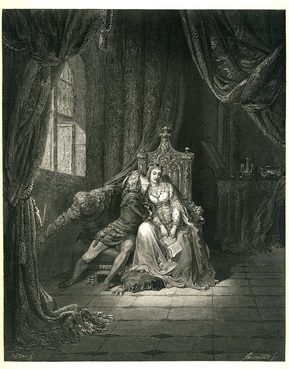 Gustave Doren kuvittama Dante Alighierin helvetti (Divine Comedie). Ranskalainen painos vuodelta 1861. Francesca da Rimini ja hänen rakastajansa: "Quel giorno piu non vi leggemo avante. (Tänä päivänä emme lue pidemmälle)", laulu 5. v. 138. tekijältä Gustave Dore
