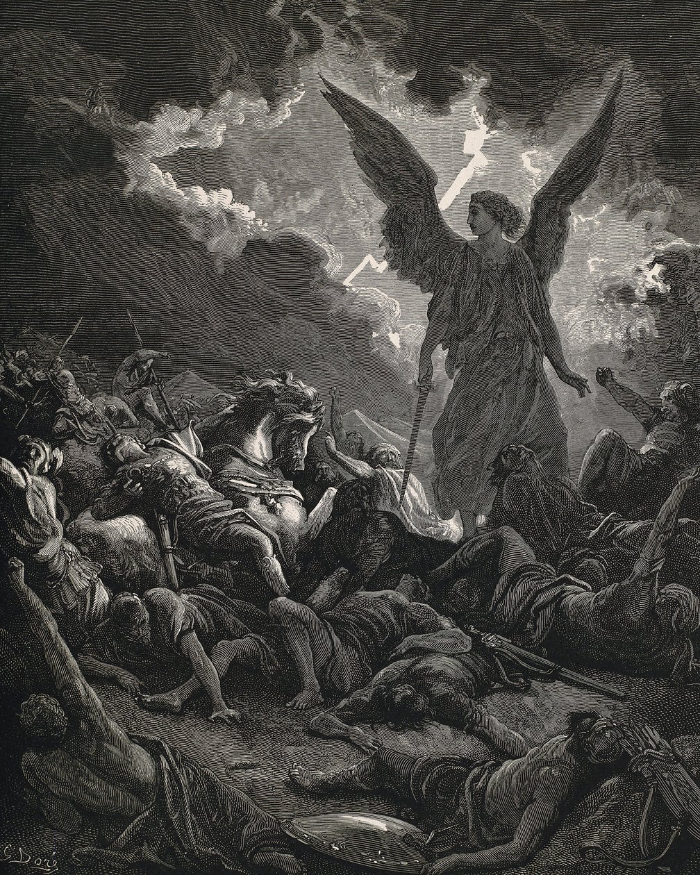 Raamattu. 1866. SENNACHERIB (705-681 eKr.). Assyrian kuningas (705-681 eKr.). Herran enkeli Sanheribin sotajoukosta. Kaiverrus tekijältä Gustave Dore