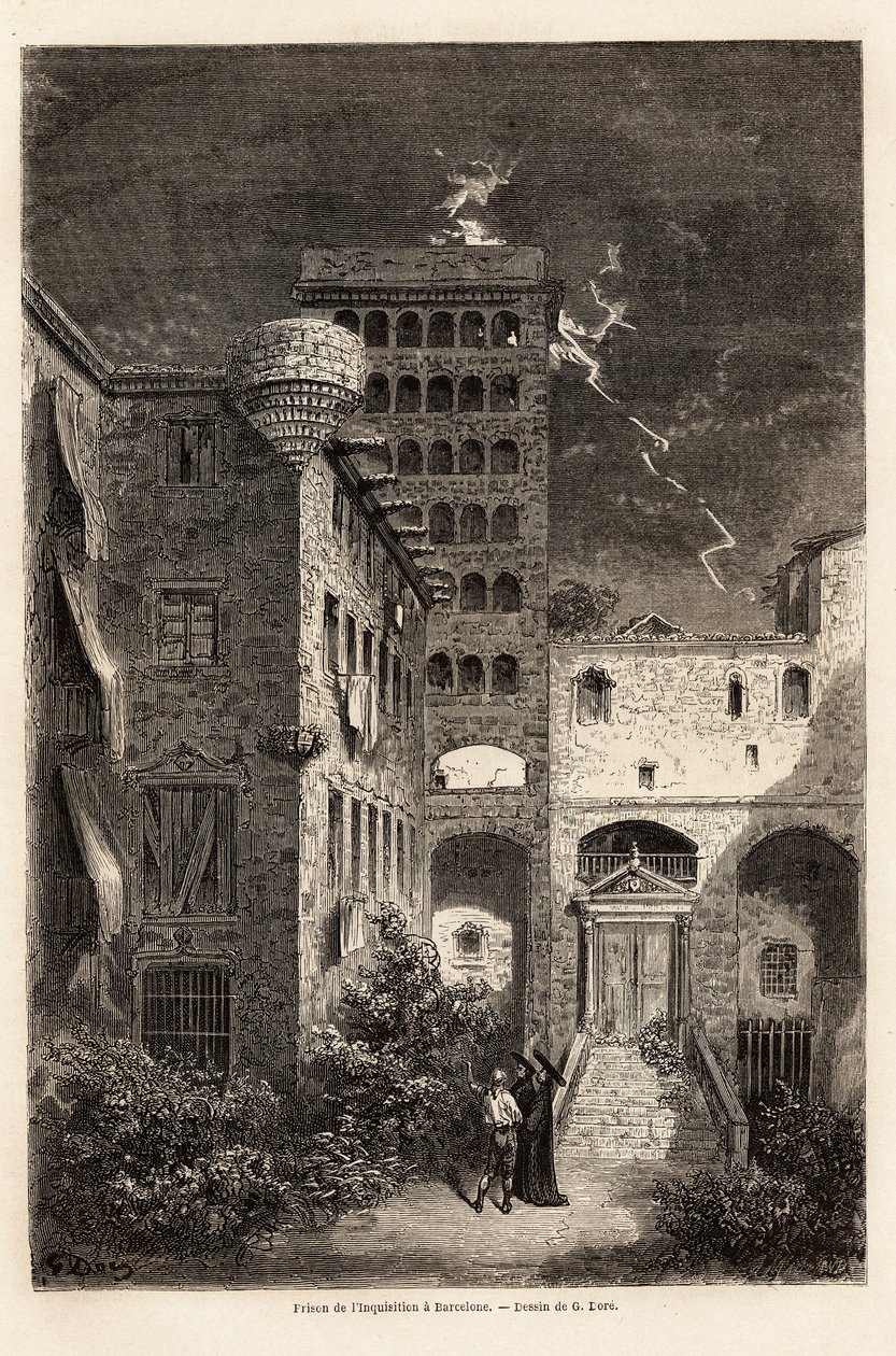 Barcelonan inkvisitiovankila, Gustave Doren (1832-1883) piirustus havainnollistamaan hänen matkaansa Espanjaan C. Davillierin kanssa vuonna 1862. Kaiverrus kirjaan "" Le tour du monde ", toimittanut Edouard Charton tekijältä Gustave Dore