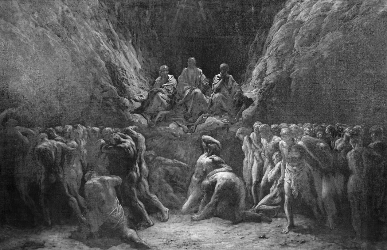 Viimeinen tuomio, joka tunnetaan myös nimellä Helvetin kolme tuomaria, Minos, Hades ja Rhadamanthus tekijältä Gustave Dore