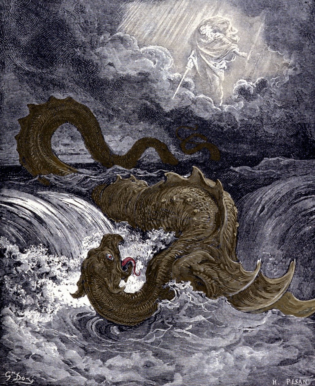 Leviathan, merihirviö, joka muistuttaa Raamatussa mainittua merikäärmettä. Gustave Doren kuvituksia Raamatusta. Kaiverrus 1800-luvulta. tekijältä Gustave Dore