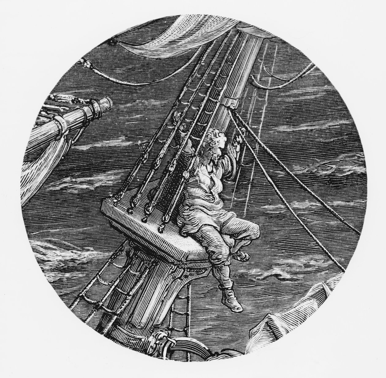 Mariner korkealla laivan kakassa, kohtaus S.T.:n The Rime of the Ancient Mariner -elokuvasta Coleridge, julkaisija Harper und Brothers, New York, 1876 (puukaiverrus) tekijältä Gustave Dore