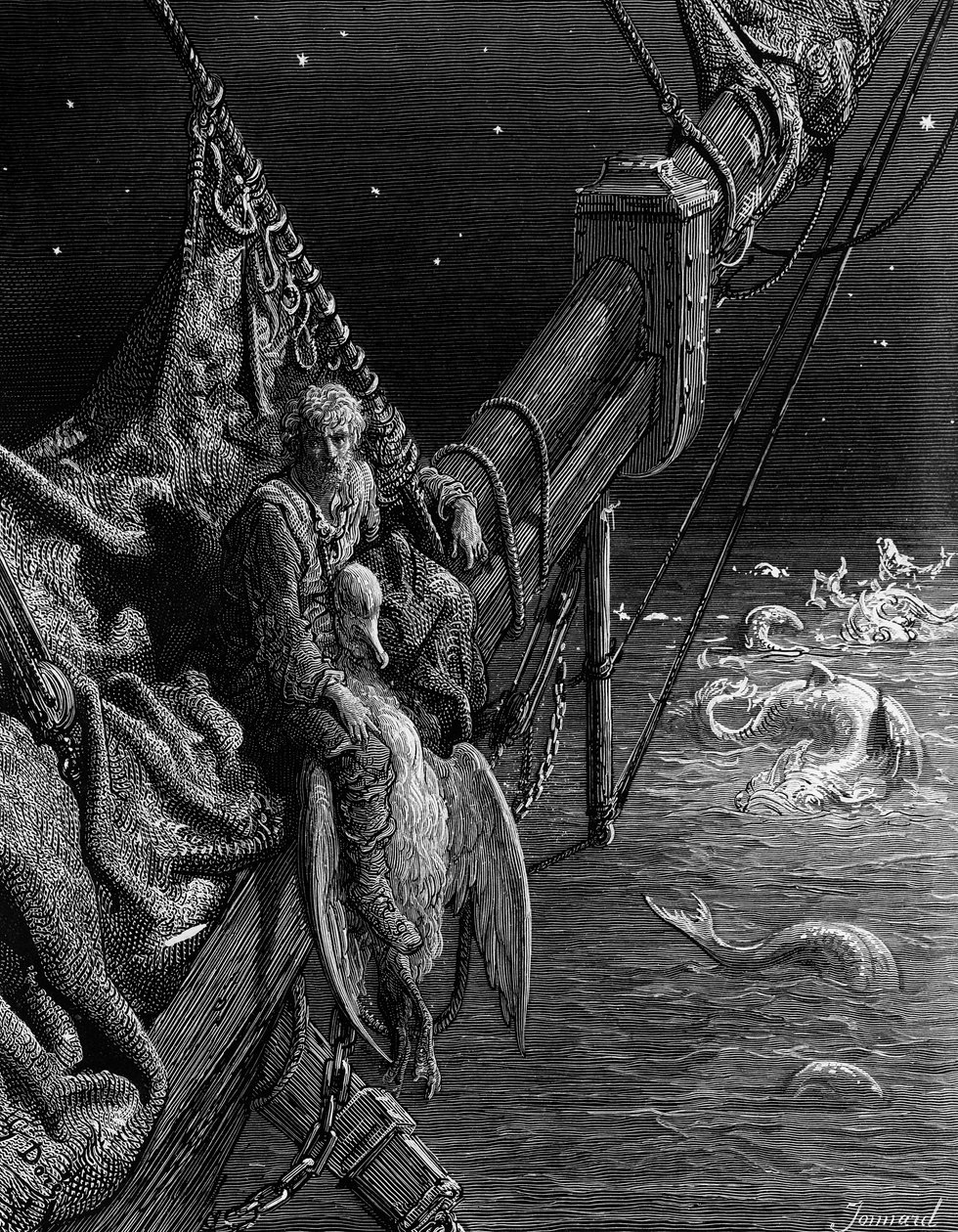 Merimies katselee käärmeitä valtameressä, kohtaus S.T.:n teoksesta The Rime of the Ancient Mariner. Coleridge, julkaisija Harper und Brothers, New York, 1876 (puukaiverrus) tekijältä Gustave Dore