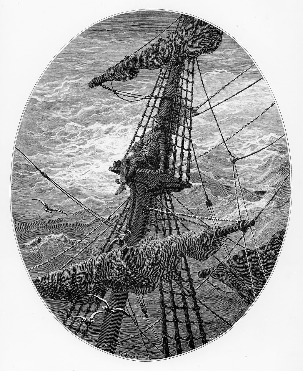 Mariner mastossa myrskyn aikana, kohtaus S.T.n elokuvasta The Rime of the Ancient Mariner Coleridge, julkaisija Harper und Brothers, New York, 1876 (puukaiverrus) tekijältä Gustave Dore