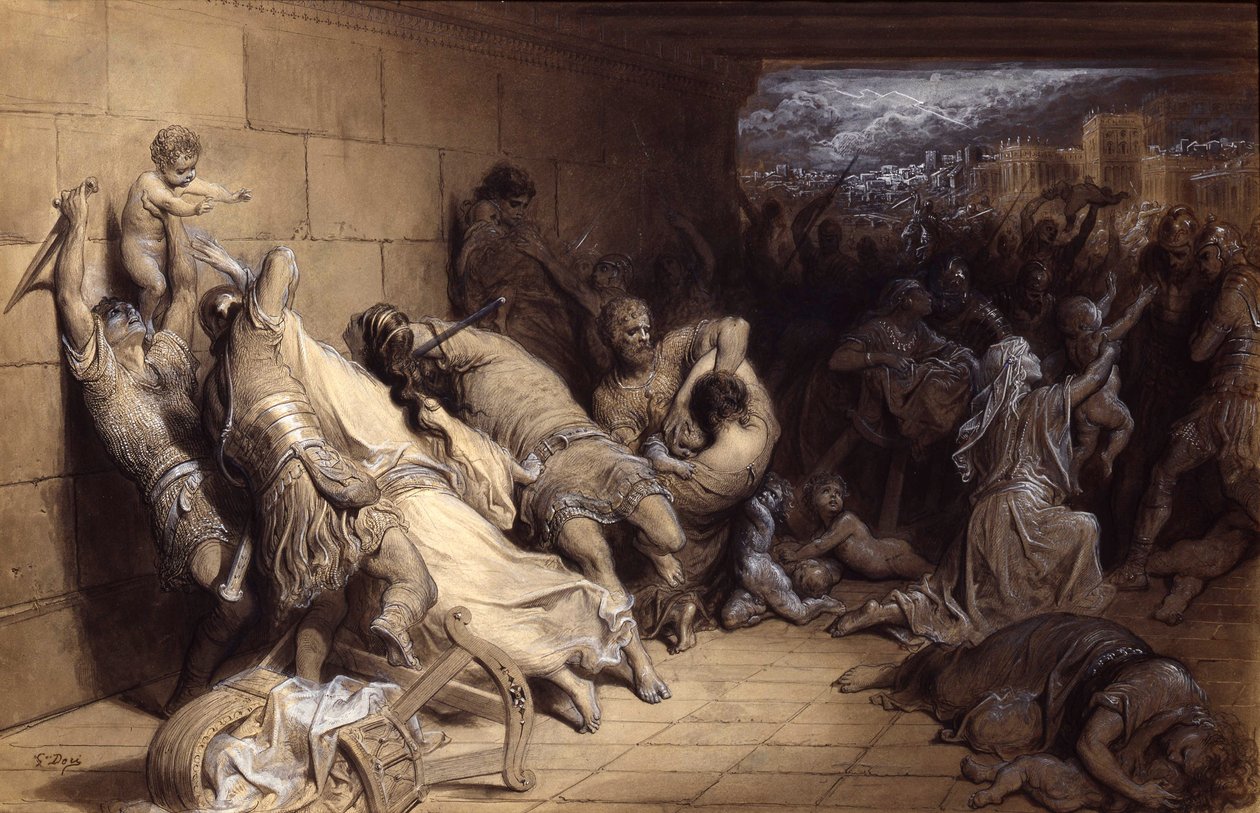 The Massacre of the Innocents, n. 1870 (kynä ja muste, pesutehostettu valkoisella paperilla) tekijältä Gustave Dore