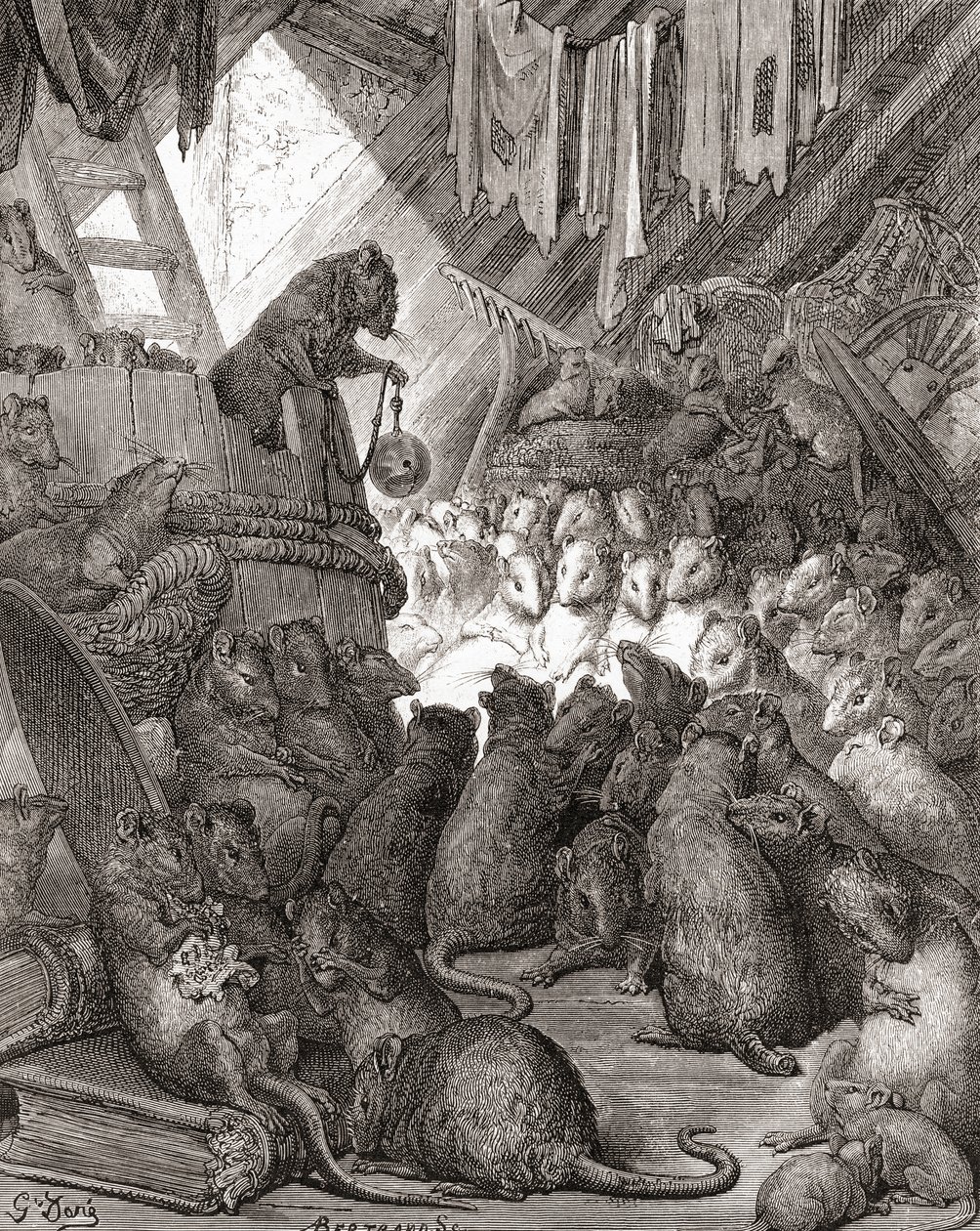 The Mice in Council, joka tunnetaan myös nimillä "Belling the Cat" ja "The Bell and the Cat", 1800-luvun lopulla julkaistusta Fables de La Fontainen (puukaiverrus) painoksesta. tekijältä Gustave Dore