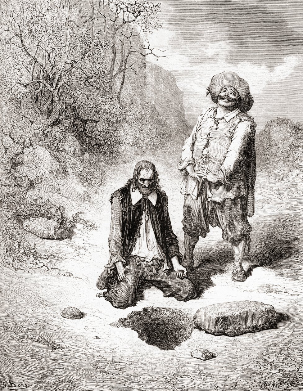 Kurja, joka menetti aarteensa, 1800-luvun lopun Fables de La Fontainen painoksesta (puukaiverrus) tekijältä Gustave Dore