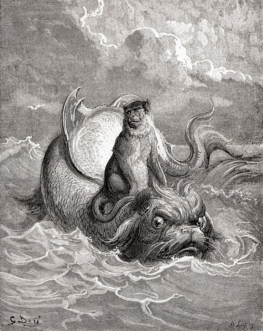 Apina ja delfiini Gustave Doren La Fontaine -satua varten tekemän teoksen mukaan. Teoksesta Life and Reminiscences of Gustave Dore, julkaistu 1885. tekijältä Gustave Dore