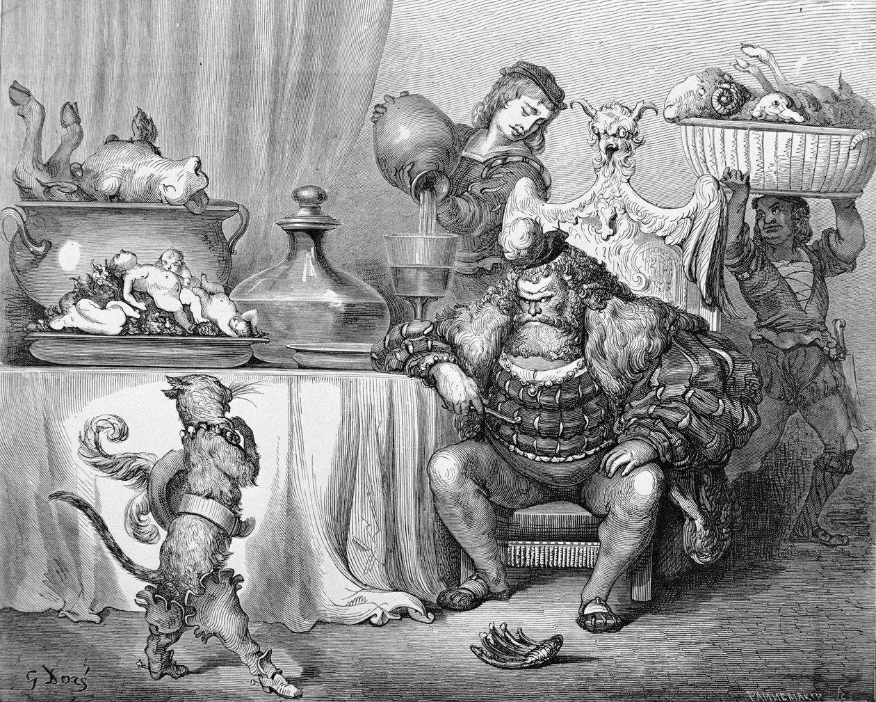 Ogre vastaanottaa kissan, kuvitus Charles Perraultin (1628-1703) "Puss in Boots" -kappaleeseen 1883 tekijältä Gustave Dore