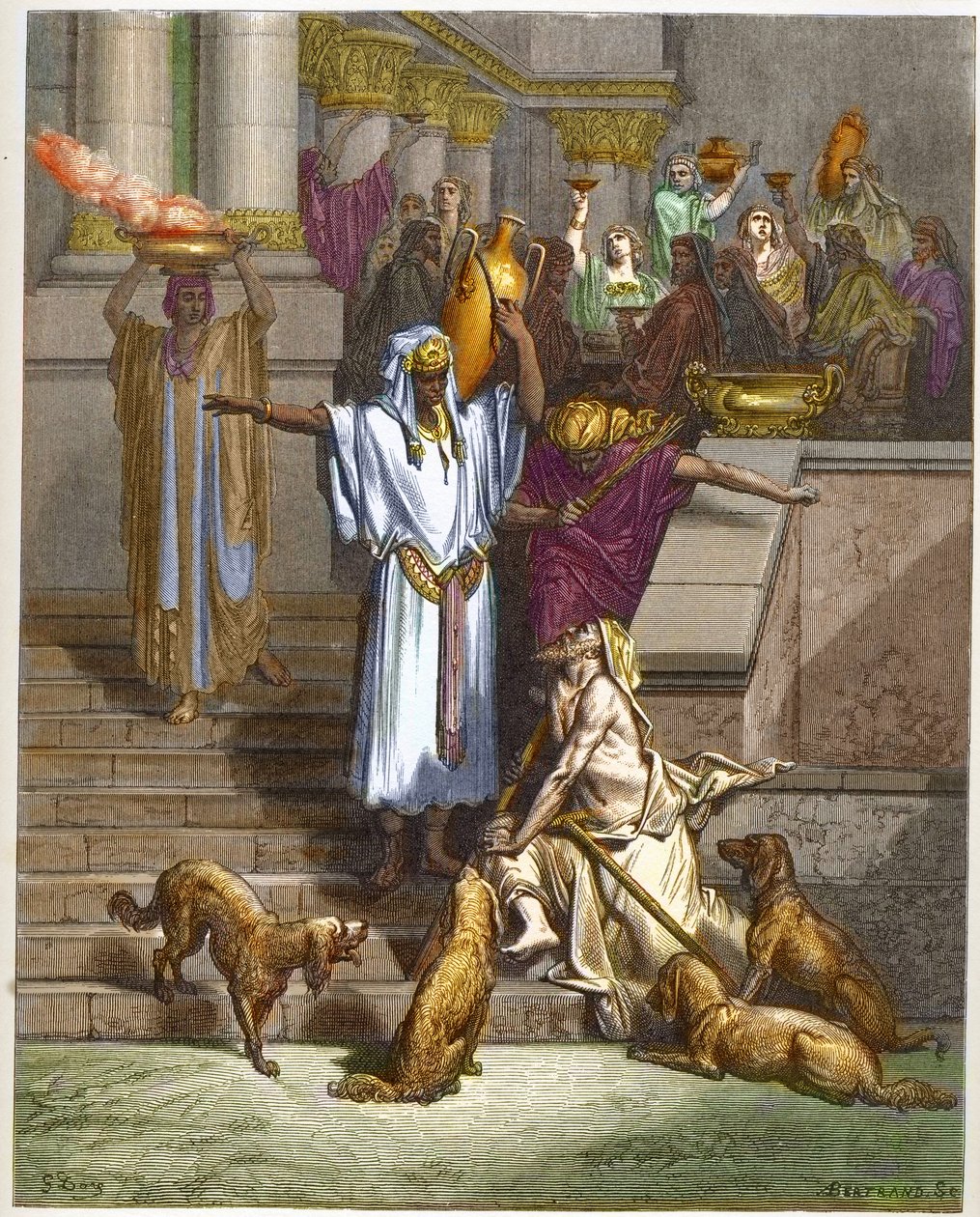 Vertaus rikkaasta miehestä ja kerjäläis Lasaruksesta - - Kaiverrus Gustave Doren (1832-1883) "The Dore Bible illustreesta" - Kaiverrus "" Dore Biblesta""" tekijältä Gustave Dore