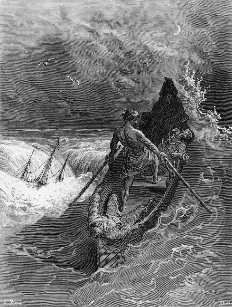 Pilotti pyörtyy, kohtaus S.T.:n elokuvasta The Rime of the Ancient Mariner Coleridge, julkaisija Harper und Brothers, New York, 1876 (puukaiverrus) tekijältä Gustave Dore