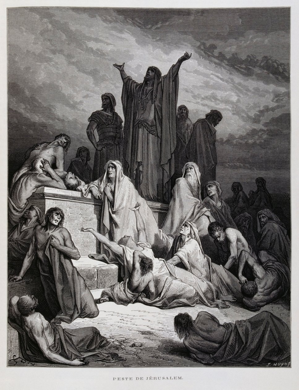 Rutto iskee Jerusalemissa, kuvitus Doren Raamatusta. tekijältä Gustave Dore