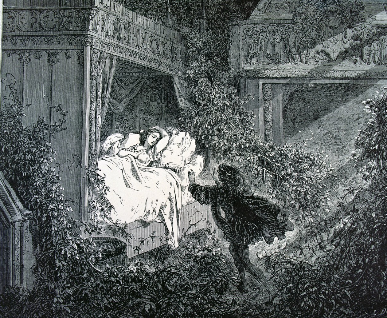 Prinssi saapumassa prinsessan makuuhuoneeseen lumotussa linnassa, kuvitus Charles Perraultin (1628-1703) teokseen "Prinsessa" tekijältä Gustave Dore