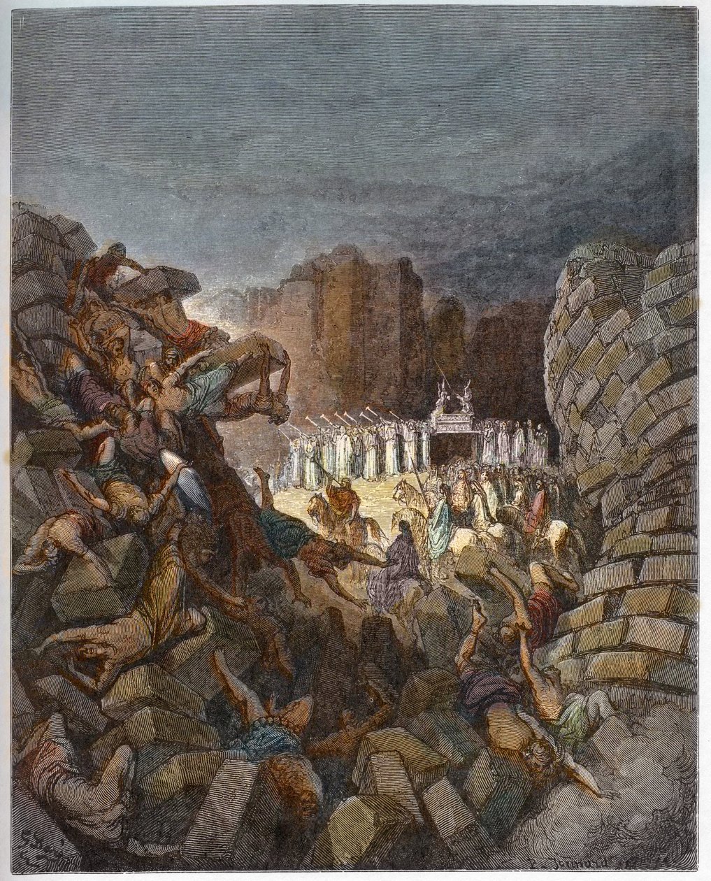 Jerikon muurien kaatuminen - Jerikon muurien kaatuminen - - Kaiverrus Gustave Doren (1832-1883) "" The Bible illustree -kirjaan" - Kaiverrus "" Dore Biblesta"" tekijältä Gustave Dore