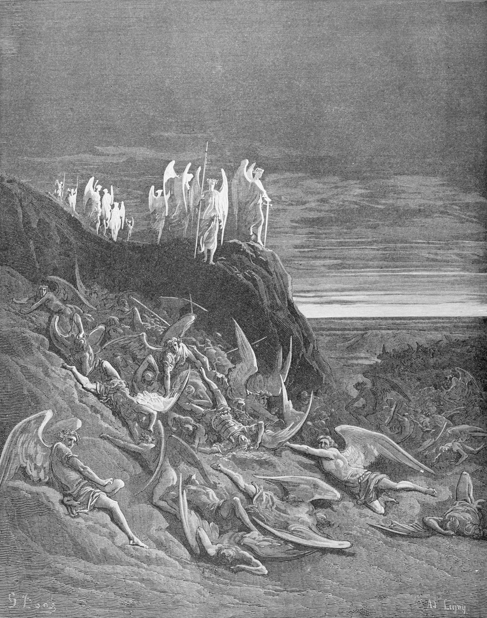 Taivaan sota, John Miltonin (1608-74) "Kadonnut paratiisi" -kirjasta VI, kaiverrettu A. Ligny, n. 1868 tekijältä Gustave Dore