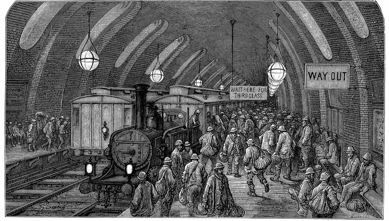 "Työntekijöiden juna". Gustave Dore ja Blanchard Jerrold London: A Pilgrimage London 1872. Kuvassa näkyy höyryjunia Gower Streetin asemalla vuonna 1863 avatun Metropolitan-radan (metro) varrella. Työntekijät kiirehtivät aamun junaansa. tekijältä Gustave Dore