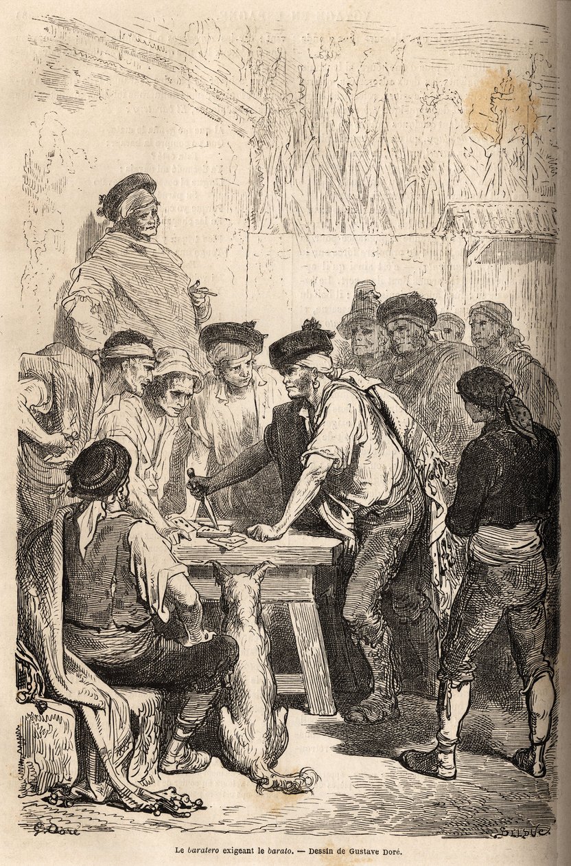 Baratoa vaativan navajan baratero-ase on kunnianosoitus, jonka hän ylistää salaisten pelien määrästä. Gustave Doren (1832-1883) piirros havainnollistaa hänen matkaansa Espanjaan vuonna 1862 Ch. Davillier. Kaiverrus "" Le tour du monde "", toim tekijältä Gustave Dore