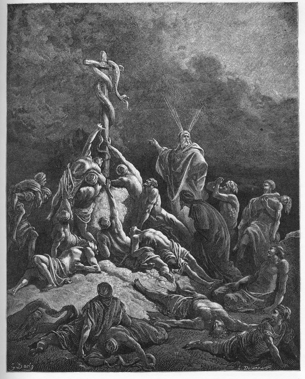 The brazen käärme - "" The brazen käärme"" - Exodus-kirja (nahash), Mooseksen sauvan muuttaminen käärmeeksi - Mooses ja jyrkkä käärme - - kaiverrus Gustave Doren "The Bible illustree" -kirjaan ( 1832-1883) - Kaiverrus "" Dore Bi -kirjasta tekijältä Gustave Dore