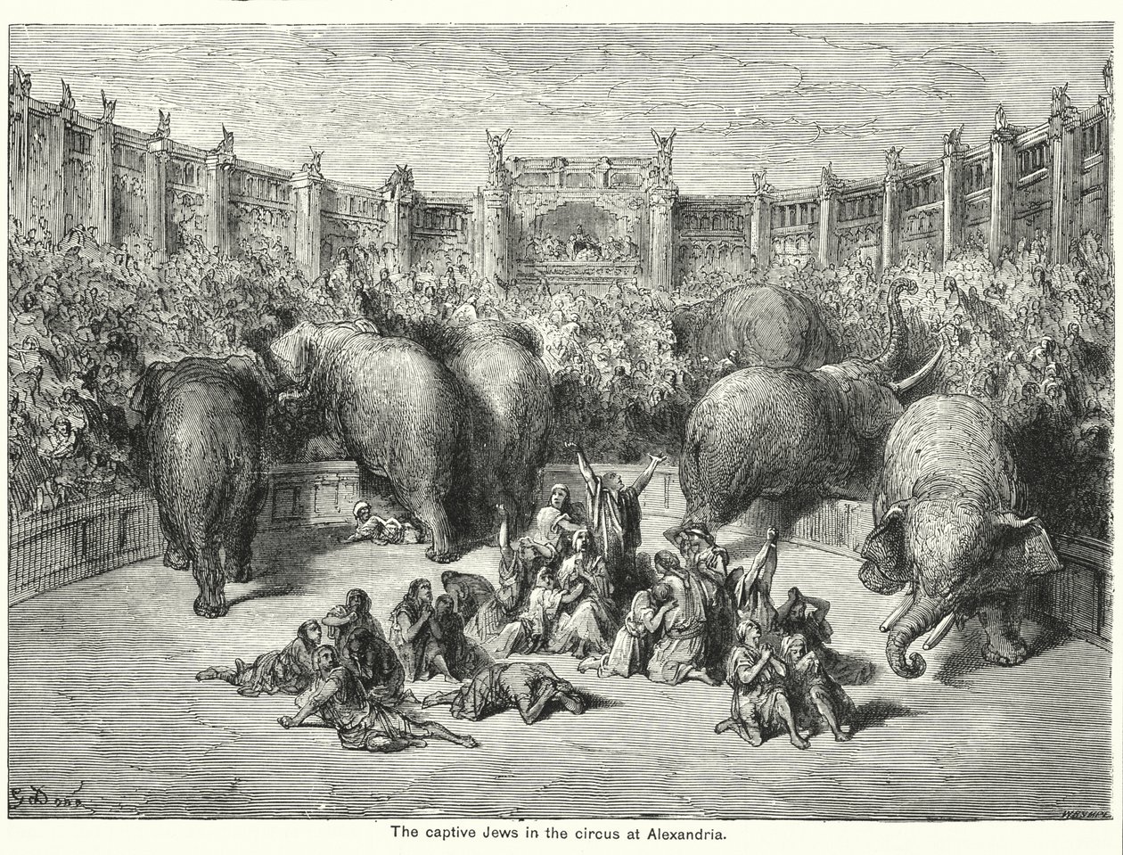Vangitut juutalaiset sirkuksessa Aleksandriassa (kaiverrus). tekijältä Gustave Dore