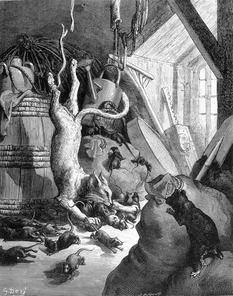 Kissa ja vanha rotta - La Fontainen "" Fables" -kirjassa, ill. Kirjailija: Gustave Doré tekijältä Gustave Dore