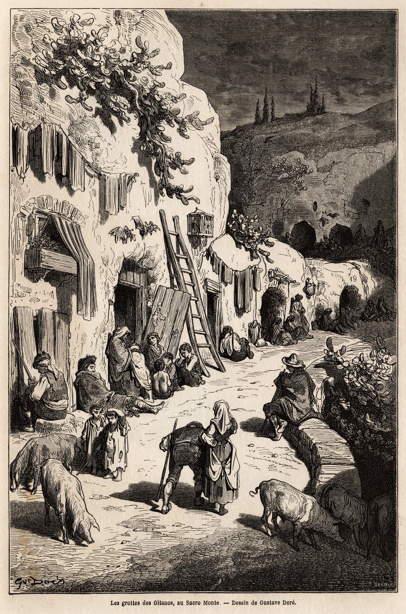 Mustalaisten luolat (maanalaiset talot) Sacro Montessa, Granadassa. Gustave Doren (1832-1883) piirros havainnollistaa hänen matkaansa Espanjaan vuonna 1862, mukana Ch.Davillier. Kaiverrus kirjassa "" Le tour du monde", toimittanut Edouard Charton tekijältä Gustave Dore