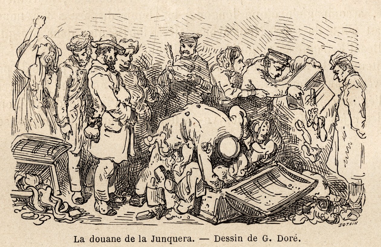 Junqueran (Katalonian ja Geronan provinssin välissä sijaitseva kaupunki) tavat, Gustave Doren (1832-1883) piirustus havainnollistamaan hänen matkaansa Espanjaan C. Davillierin kanssa vuonna 1862. Kaiverrus "" Le tour du monde "", editoi Edouard Charton tekijältä Gustave Dore