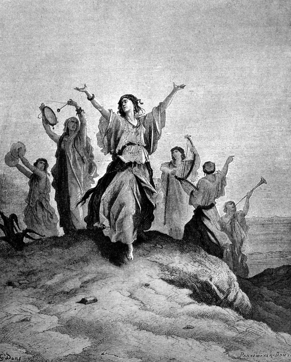 Israelin tuomarin Jeftan tytär meni isäänsä vastaan. Kuvitus Gustave Doré. Kaiverrus 1800-luvulta. tekijältä Gustave Dore