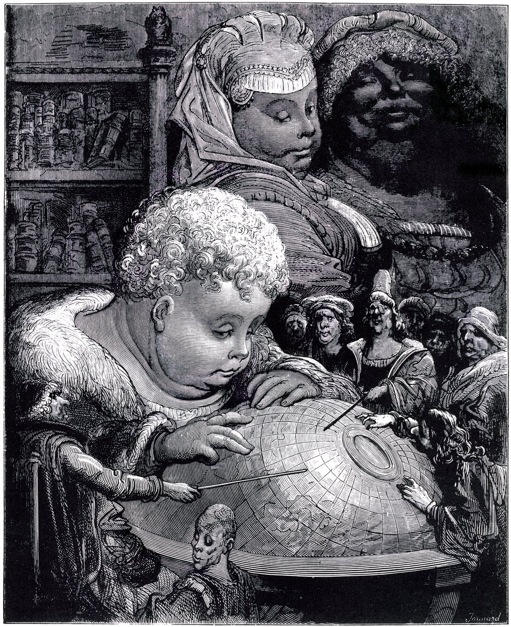 Gargantuan koulutus: jättiläinen, lapsi, tutkii maapalloa opettajiensa kanssa vanhempiensa silmien alla tekijältä Gustave Dore