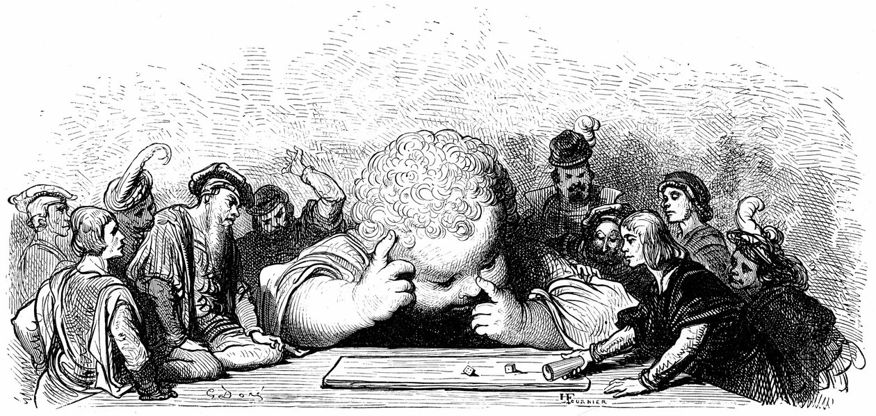 Gant Gargantua -lapsen koulutus: hän oppii soittamaan des. Gustave Doren kuvitus Francois Rabelais