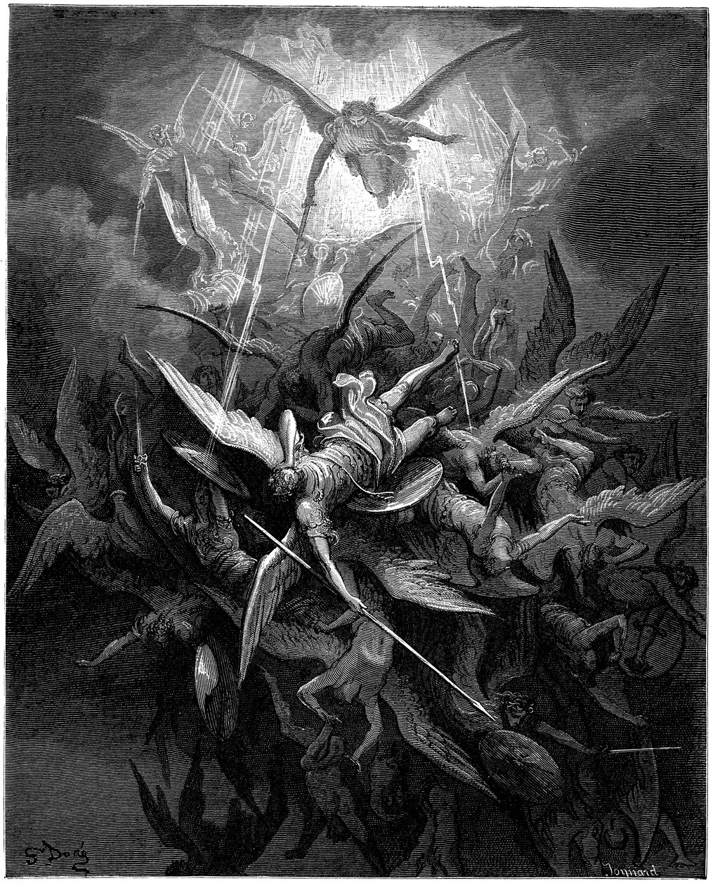 Enkelten lankeemus (enkelit dechus) Gustave Doren kuvitus John Miltonin (1608-1674) teokseen "Kadonnut paratiisi". Kaiverrus vuodelta 1866. Yksityiskokoelma tekijältä Gustave Dore