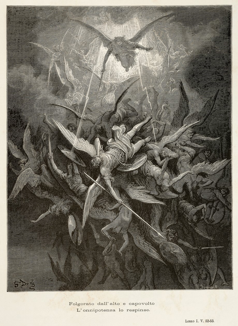 Enkelten lankeemus, kohtaus John Miltonin (1608-1674) teoksesta Kadotettu paratiisi, Gustave Doren (1832-1883) kuvitus. tekijältä Gustave Dore