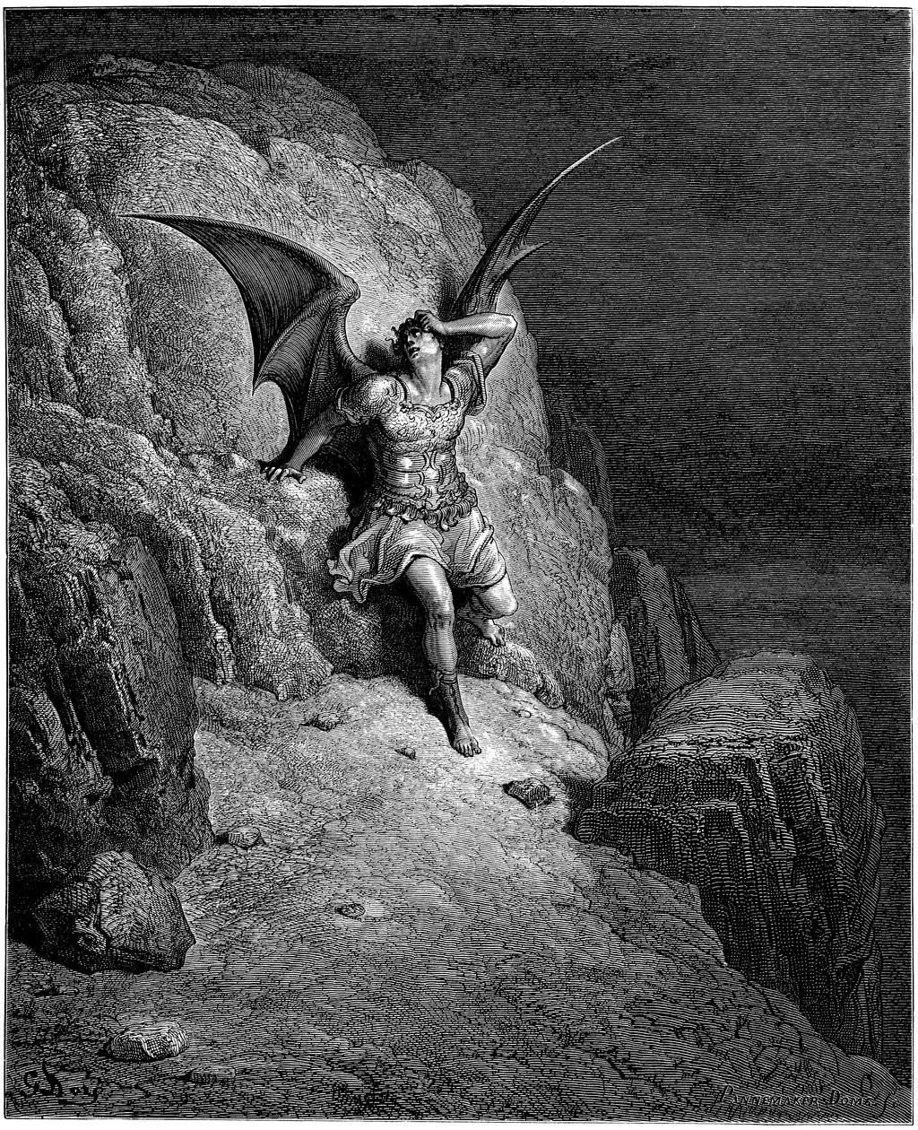 Enkeli Luciferin lankeemus (Saatana, enkeli dechu, putosi taivaasta maan päälle). Gustave Doren kuvitus John Miltonin (1608-1674) teokseen "Kadotettu paratiisi". Kaiverrus vuodelta 1866. Yksityiskokoelma tekijältä Gustave Dore