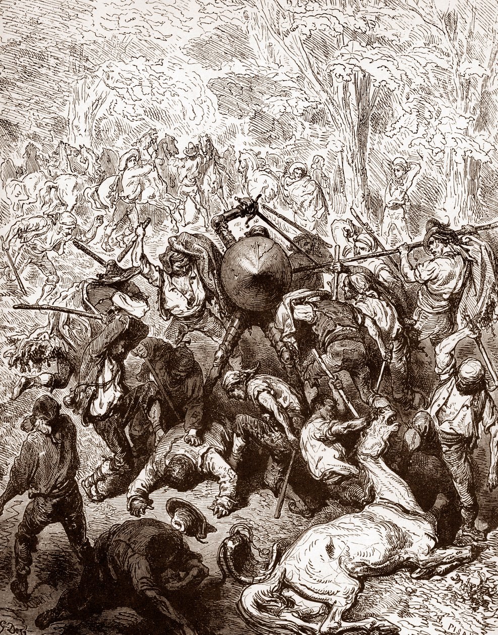 Taistelu Gustave Doren (1832-1883) Yanguas-kaiverruksen muleteerejä vastaan Miguel de Cervantesin (1547-1616) "The Ingenieux Hidalgo Don Quixotte de la Manche (Quixotte - Quijote)" 1863 Yksityinen kokoelma tekijältä Gustave Dore