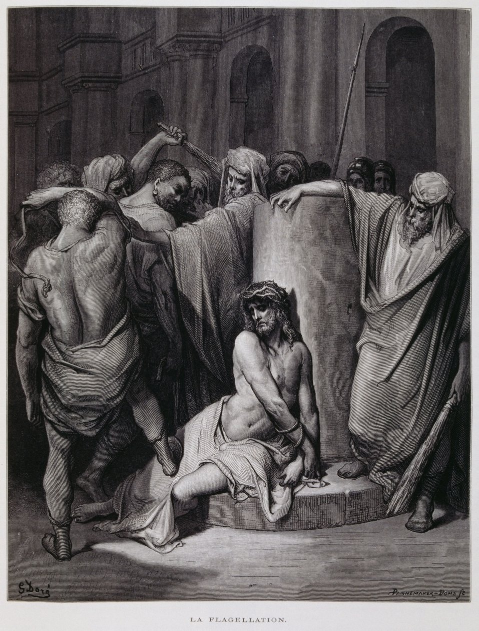 Kristuksen ruoskiminen; kuvitus Doren Raamatusta. tekijältä Gustave Dore